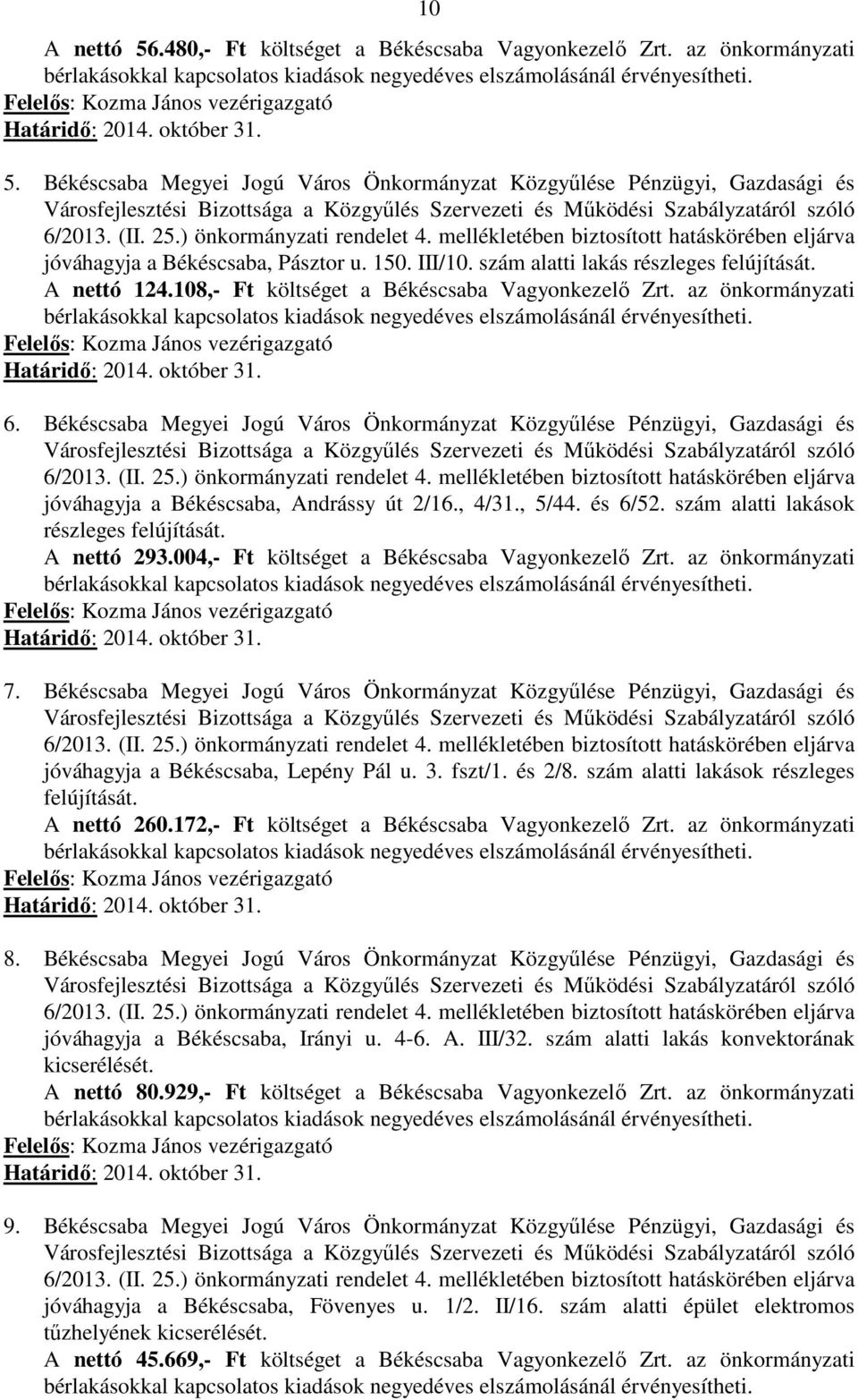 Békéscsaba Megyei Jogú Város Önkormányzat Közgyűlése Pénzügyi, Gazdasági és Városfejlesztési Bizottsága a Közgyűlés Szervezeti és Működési Szabályzatáról szóló 6/2013. (II. 25.