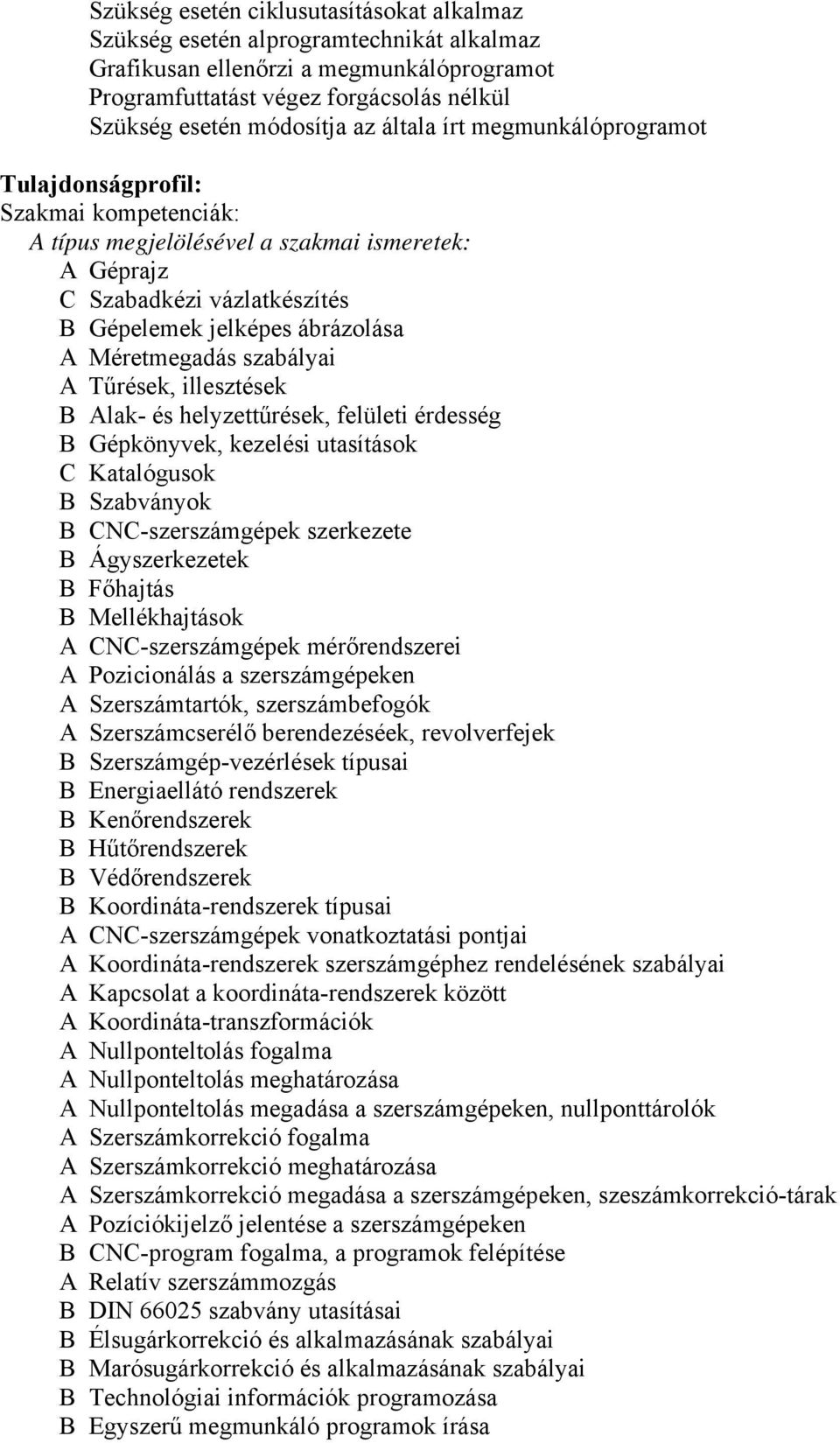 Méretmegadás szabályai A Tűrések, illesztések B Alak- és helyzettűrések, felületi érdesség B Gépkönyvek, kezelési utasítások C Katalógusok B Szabványok B CNC-szerszámgépek szerkezete B Ágyszerkezetek