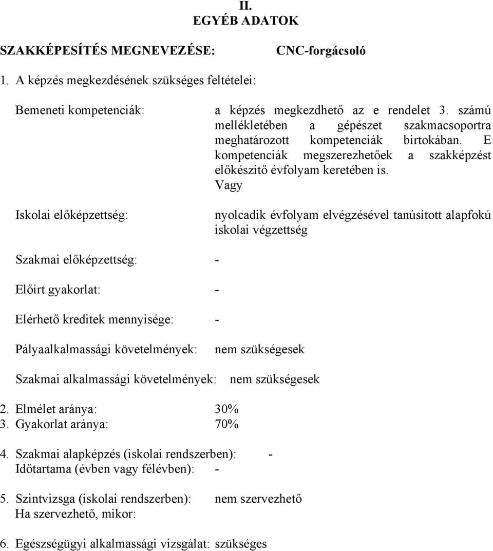 Vagy nyolcadik évfolyam elvégzésével tanúsított alapfokú iskolai végzettség Szakmai előképzettség: - Előírt gyakorlat: - Elérhető kreditek mennyisége: - Pályaalkalmassági követelmények: nem