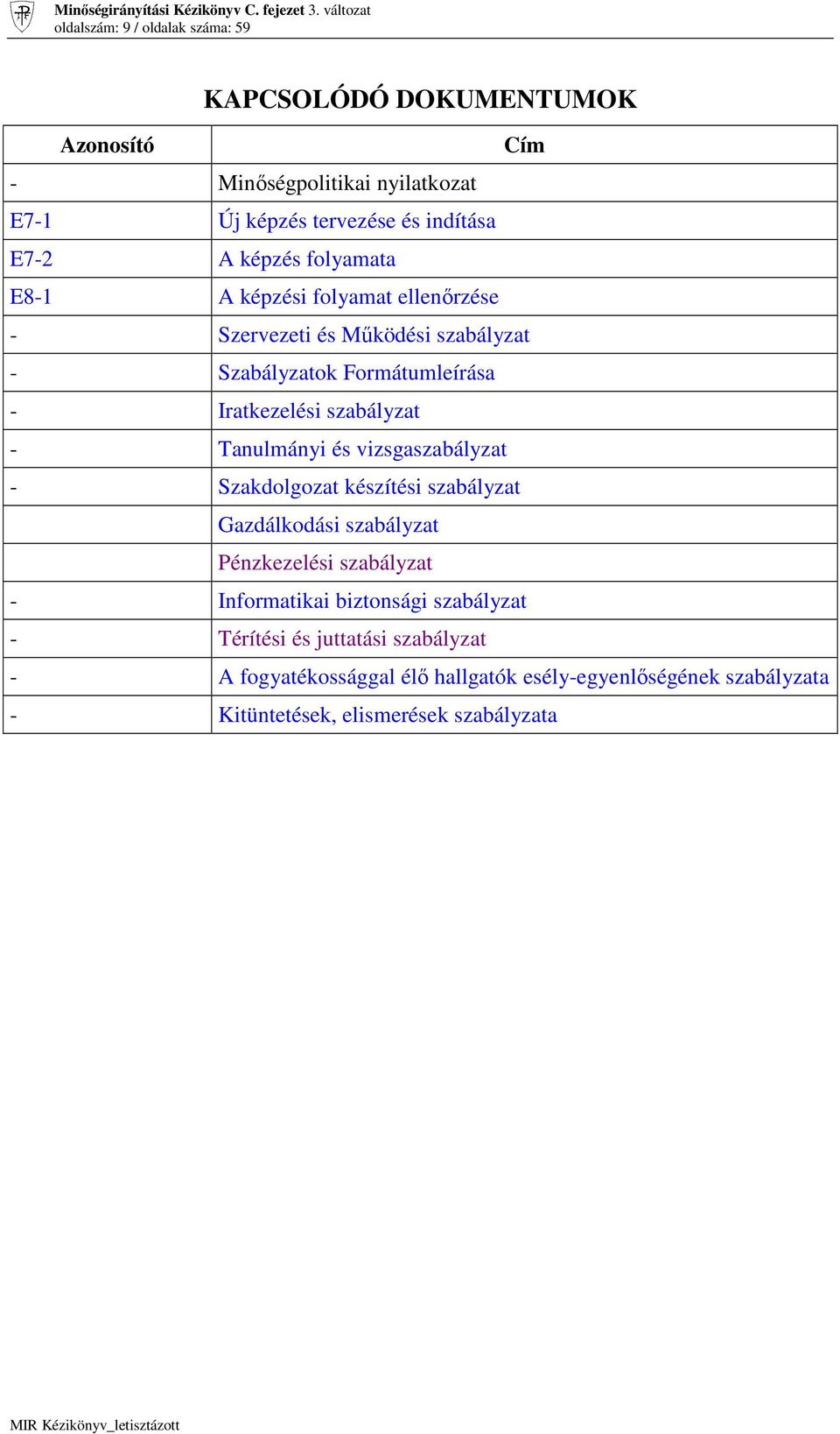 képzés folyamata E8-1 A képzési folyamat ellenırzése - Szervezeti és Mőködési szabályzat - Szabályzatok Formátumleírása - Iratkezelési szabályzat - Tanulmányi