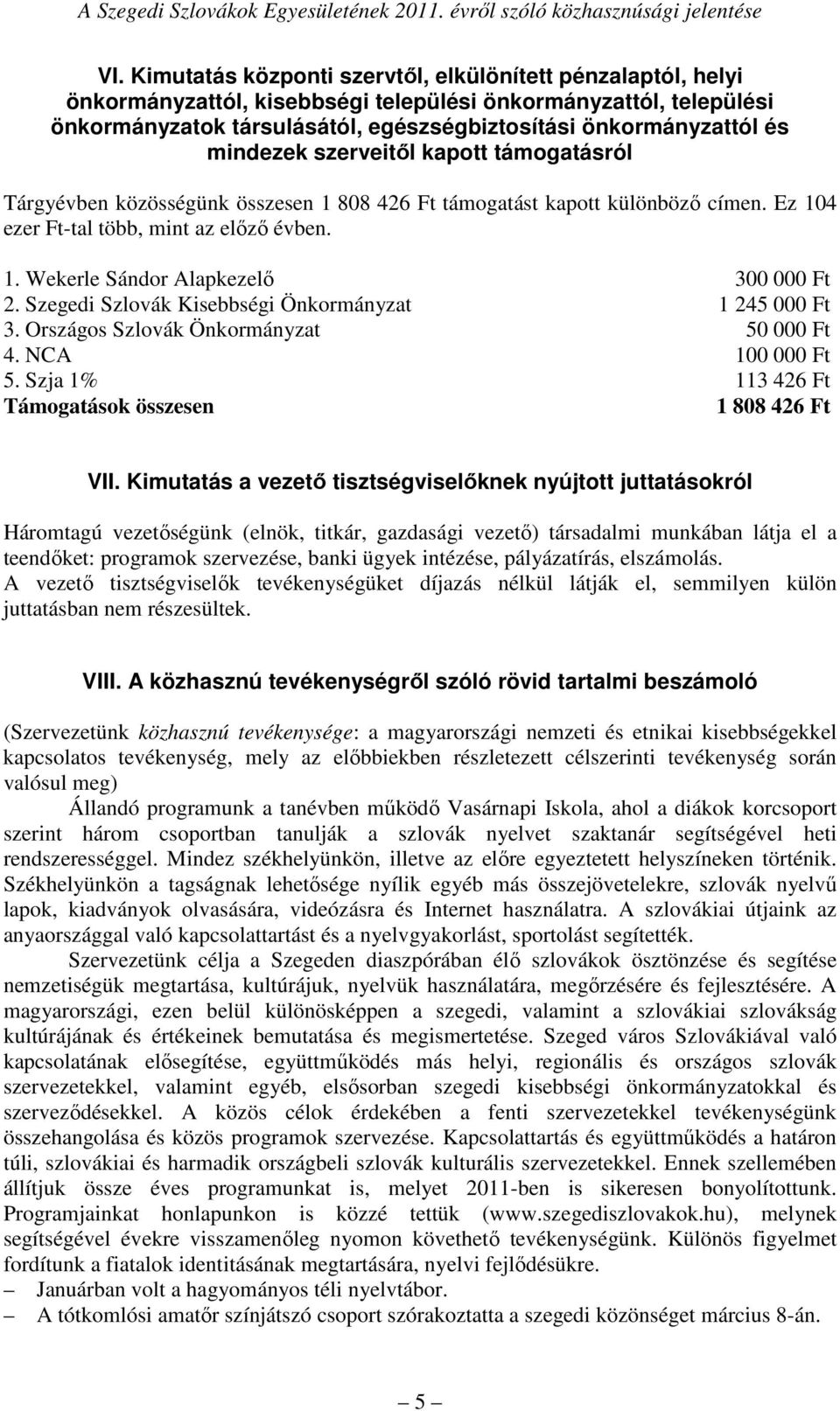 Szegedi Szlovák Kisebbségi Önkormányzat 1 245 000 Ft 3. Országos Szlovák Önkormányzat 50 000 Ft 4. NCA 100 000 Ft 5. Szja 1% 113 426 Ft Támogatások összesen 1 808 426 Ft VII.