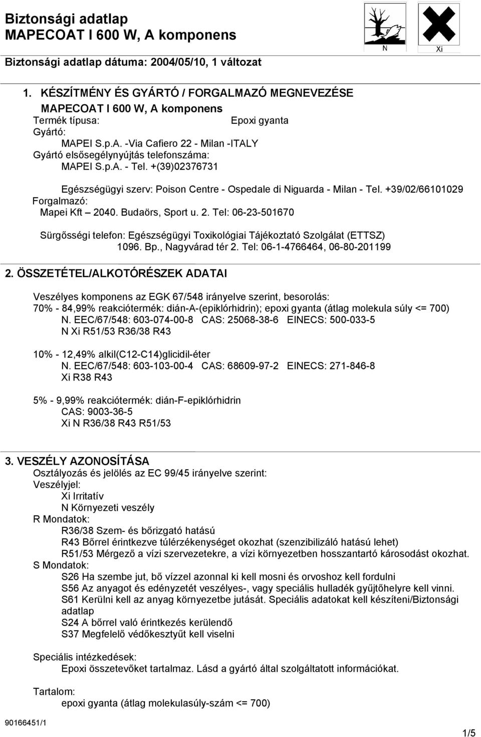 40. Budaörs, Sport u. 2. Tel: 06-23-501670 Sürgősségi telefon: Egészségügyi Toxikológiai Tájékoztató Szolgálat (ETTSZ) 1096. Bp., Nagyvárad tér 2. Tel: 06-1-4766464, 06-80-201199 2.