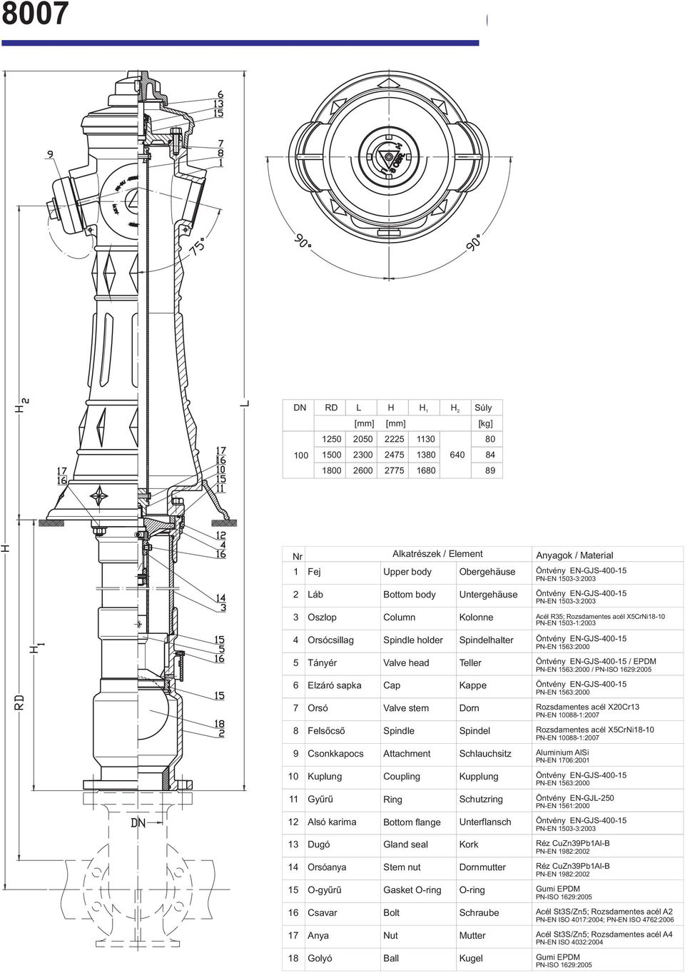 1503-1:2003 4 Orsócsillag Spindle holder 5 Tányér Valve head 6 Elzáró sapka Cap 7 Orsó Valve stem 8 Felsőcső Spindle 9 Csonkkapocs Attachment 10 Kuplung Coupling 11 Gyűrű Ring 12 Alsó karima Bottom