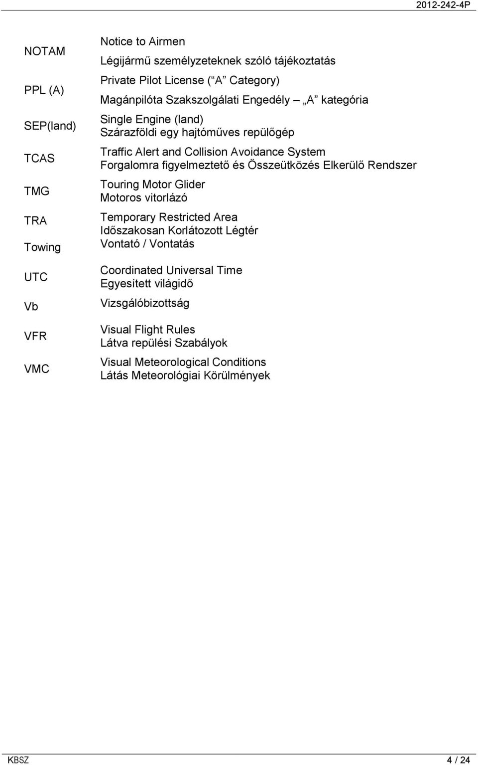 figyelmeztető és Összeütközés Elkerülő Rendszer Touring Motor Glider Motoros vitorlázó Temporary Restricted Area Időszakosan Korlátozott Légtér Vontató / Vontatás