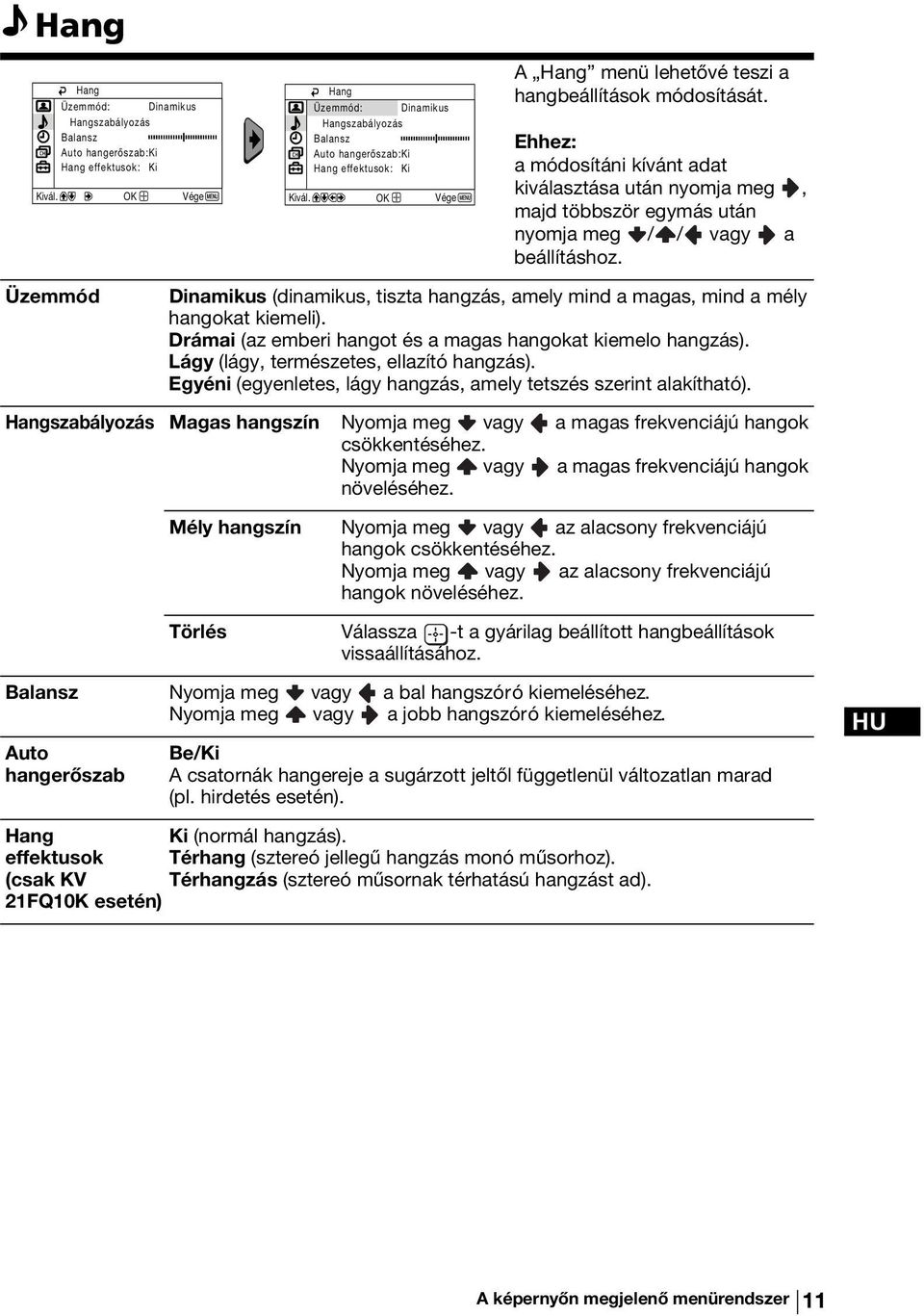 Üzemmód Dinamikus (dinamikus, tiszta hangzás, amely mind a magas, mind a mély hangokat kiemeli). Drámai (az emberi hangot és a magas hangokat kiemelo hangzás).