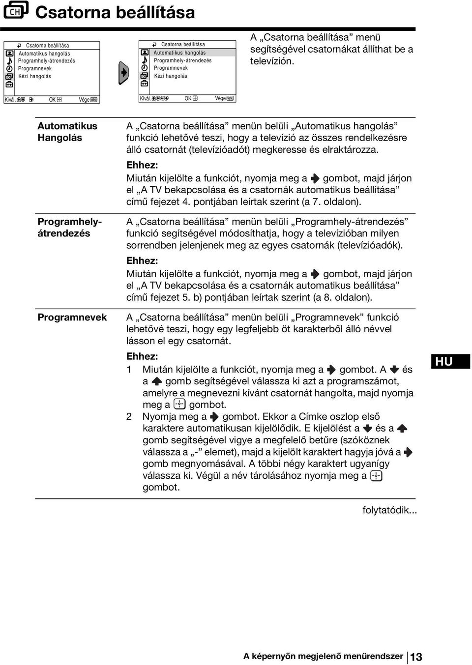 Automatikus Hangolás Programhelyátrendezés Programnevek A Csatorna beállítása menün belüli Automatikus hangolás funkció lehetővé teszi, hogy a televízió az összes rendelkezésre álló csatornát