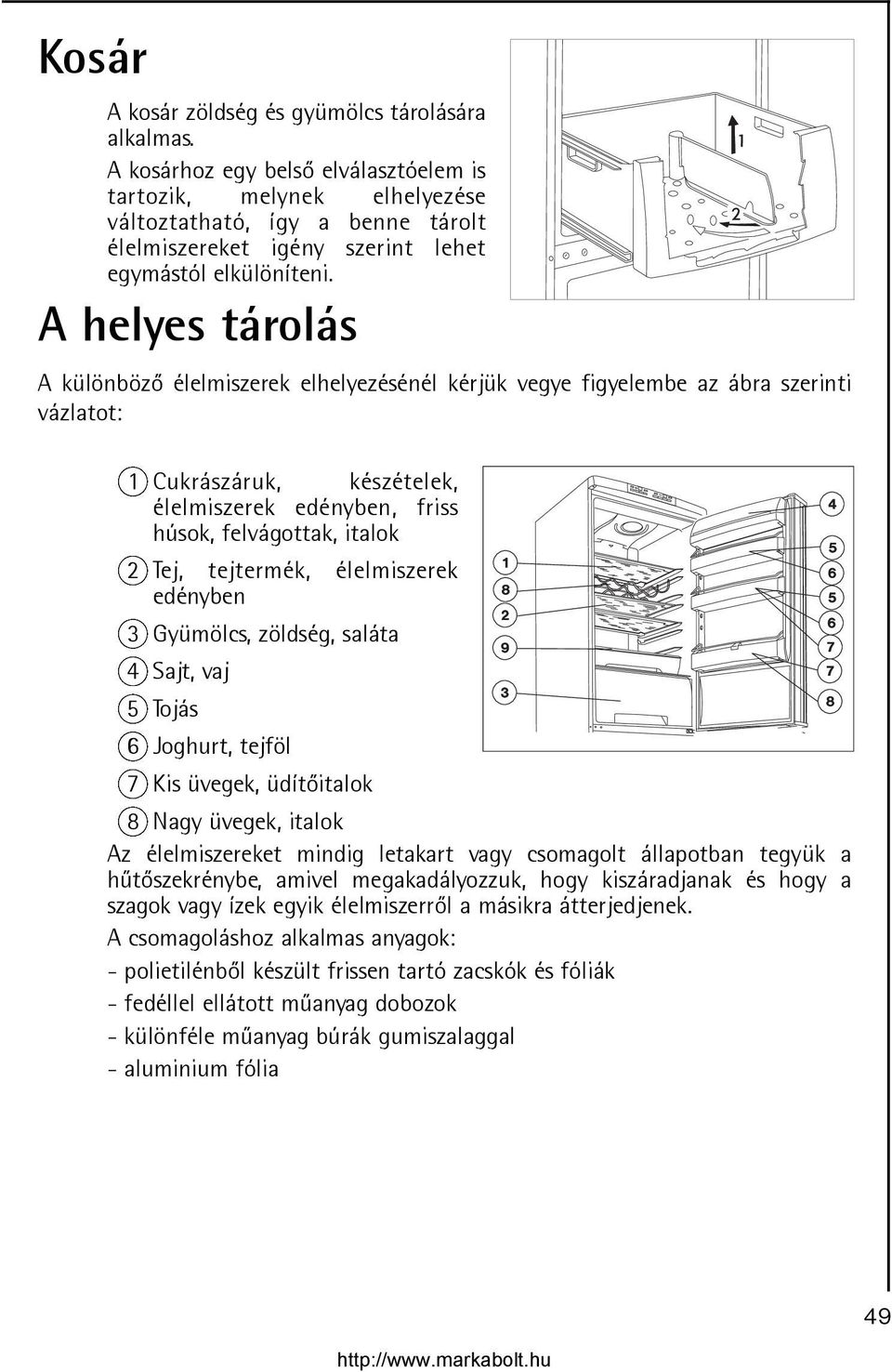 A helyes tárolás A különbözõ élelmiszerek elhelyezésénél kérjük vegye figyelembe az ábra szerinti vázlatot: 1 Cukrászáruk, készételek, élelmiszerek edényben, friss húsok, felvágottak, italok 2 Tej,