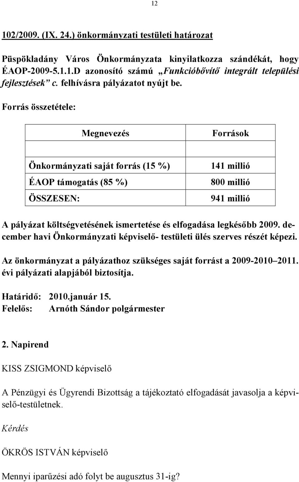 Forrás összetétele: Megnevezés Források Önkormányzati saját forrás (15 %) ÉAOP támogatás (85 %) ÖSSZESEN: 141 millió 800 millió 941 millió A pályázat költségvetésének ismertetése és elfogadása