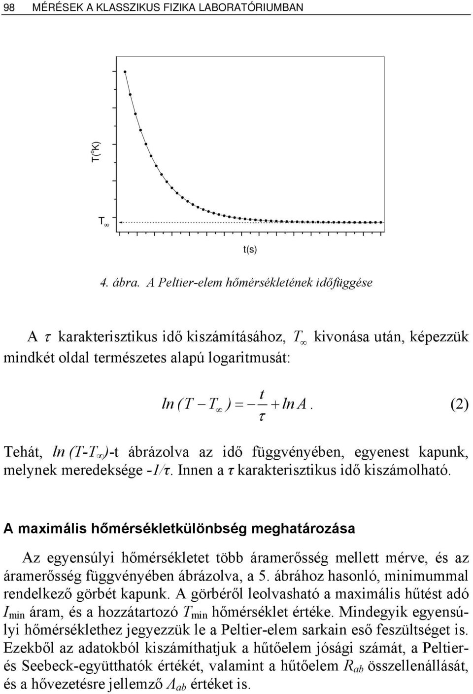() τ Tehát, ln (T-T )-t árázolv z idő függvényéen, egyenest kpunk, melynek meredeksége -1/τ. nnen τ krkterisztikus idő kiszámolhtó.