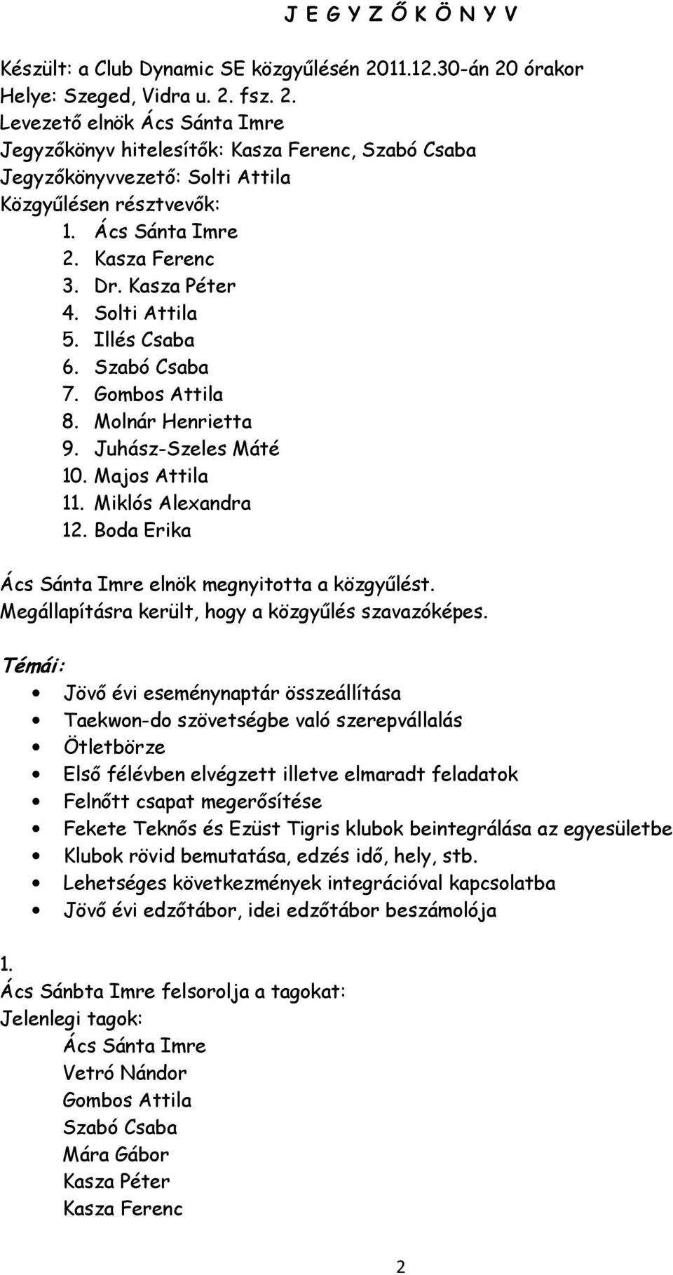 Ács Sánta Imre 2. Kasza Ferenc 3. Dr. Kasza Péter 4. Solti Attila 5. Illés Csaba 6. Szabó Csaba 7. Gombos Attila 8. Molnár Henrietta 9. Juhász-Szeles Máté 10. Majos Attila 11. Miklós Alexandra 12.