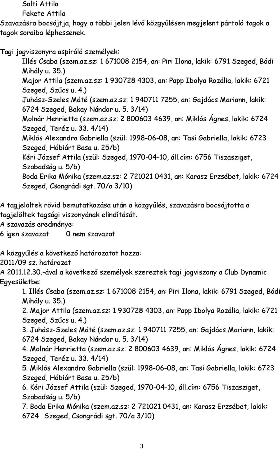 5. 3/14) Molnár Henrietta (szem.az.sz: 2 800603 4639, an: Miklós Ágnes, lakik: 6724 Szeged, Teréz u. 33.