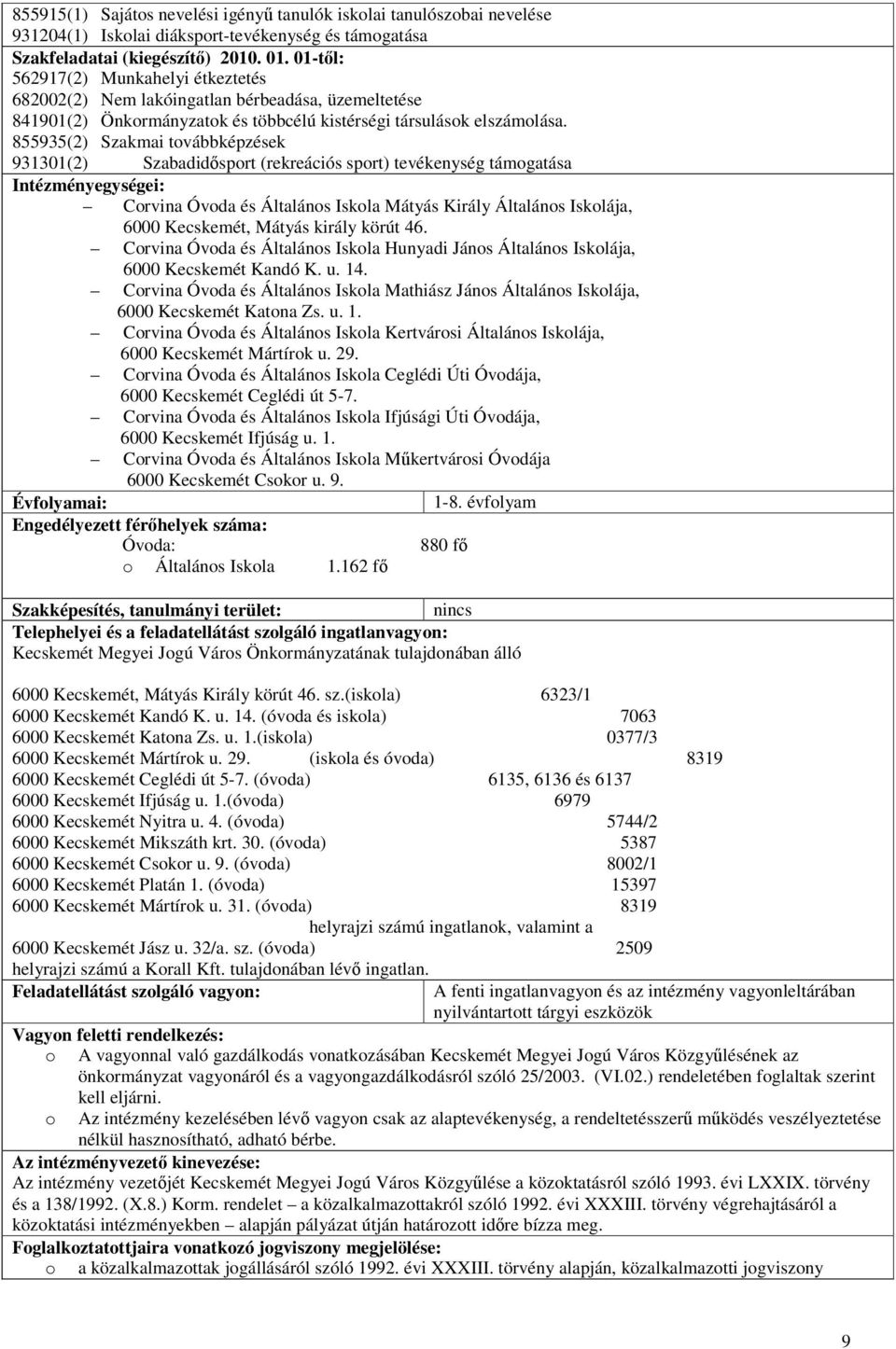 855935(2) Szakmai továbbképzések 931301(2) Szabadidősport (rekreációs sport) tevékenység támogatása Intézményegységei: Corvina Óvoda és Általános Iskola Mátyás Király Általános Iskolája, 6000