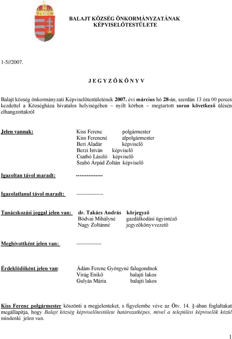 Ferencné alpolgármester Beri Aladár képviselő Berzi István képviselő Csathó László képviselő Szabó Árpád Zoltán képviselő Igazoltan távol maradt: --------------- Igazolatlanul távol maradt: