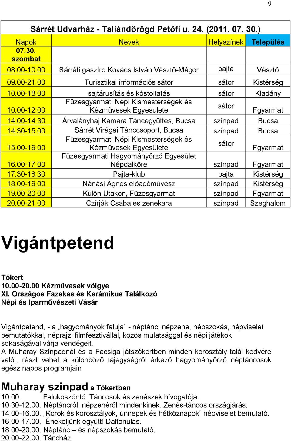 30 Árvalányhaj Kamara Táncegyüttes, Bucsa színpad Bucsa 14.30-15.00 Sárrét Virágai Tánccsoport, Bucsa színpad Bucsa Füzesgyarmati Népi Kismesterségek és sátor 15.00-19.