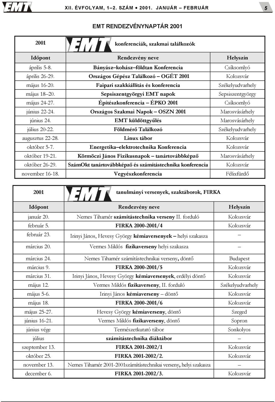 Építészkonferencia ÉPKO 2001 Csíksomlyó június 22-24. Országos Szakmai Napok OSZN 2001 Marosvásárhely június 24. EMT küldöttgy1lés Marosvásárhely július 20-22.