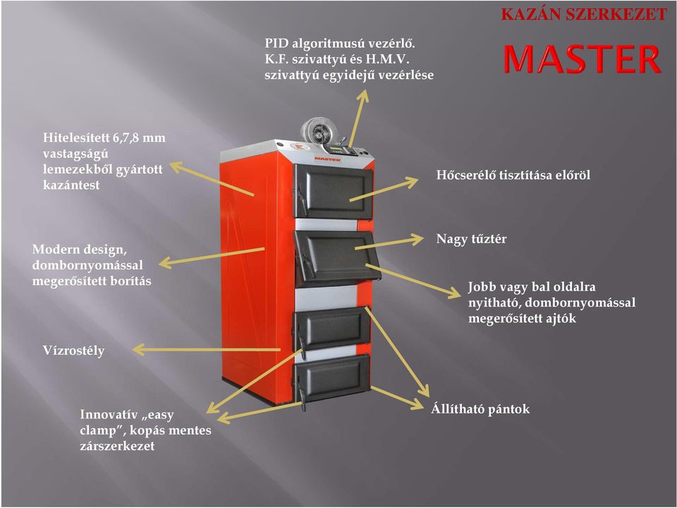 Hıcserélı tisztítása elıröl Modern design, dombornyomással megerısített borítás Nagy tőztér Jobb