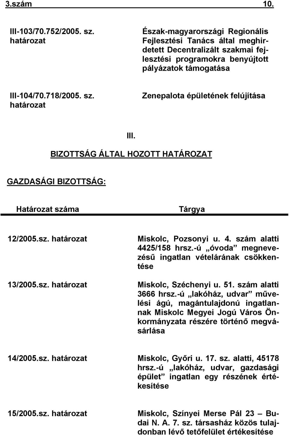 BIZOTTSÁG ÁLTAL HOZOTT HATÁROZAT GAZDASÁGI BIZOTTSÁG: Határozat száma Tárgya 12/2005.sz. határozat 13/2005.sz. határozat Miskolc, Pozsonyi u. 4. szám alatti 4425/158 hrsz.