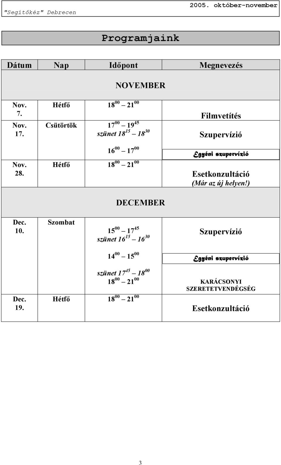 szupervízió Hétfő 18 00 21 00 Esetkonzultáció (Már az új helyen!) DECEMBER Dec. 10.