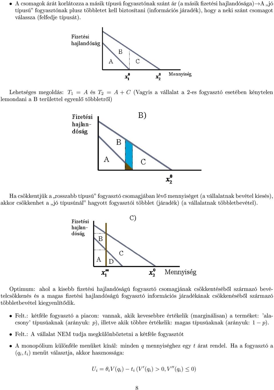 Lehetséges megoldás: T 1 = A és T 2 = A + C (Vagyis a vállalat a 2-es fogyasztó esetében kénytelen lemondani a B területtel egyenl többletr l) Ha csökkentjük a rosszabb típusú fogyasztó csomagjában