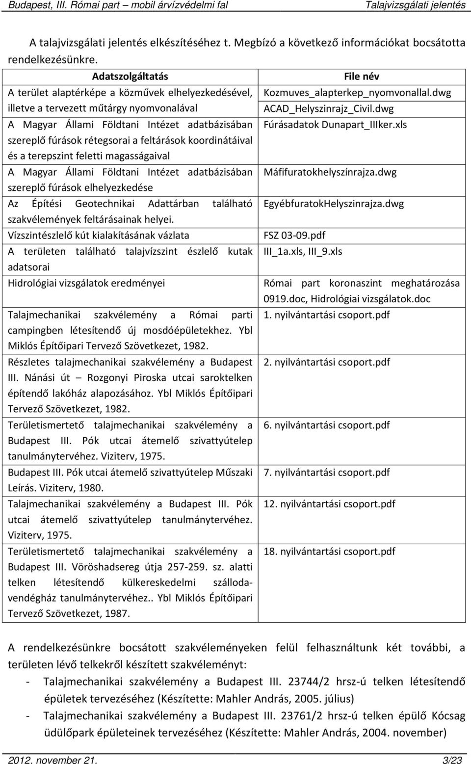 koordinátáival és a terepszint feletti magasságaival A Magyar Állami Földtani Intézet adatbázisában szereplő fúrások elhelyezkedése Az Építési Geotechnikai Adattárban található szakvélemények