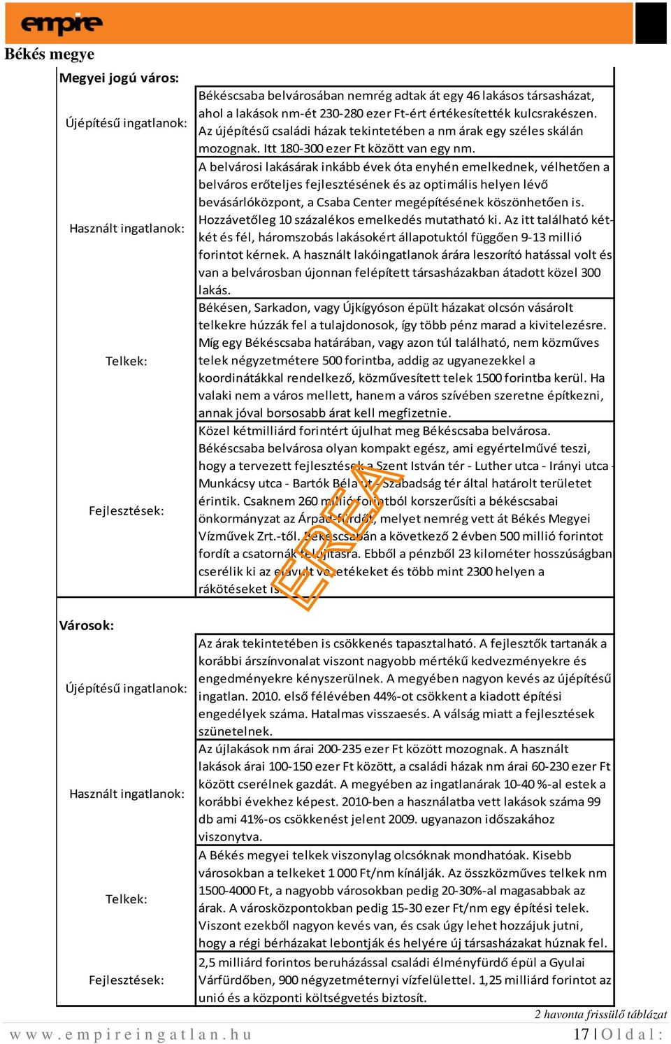 A belvárosi lakásárak inkább évek óta enyhén emelkednek, vélhetően a belváros erőteljes fejlesztésének és az optimális helyen lévő bevásárlóközpont, a Csaba Center megépítésének köszönhetően is.