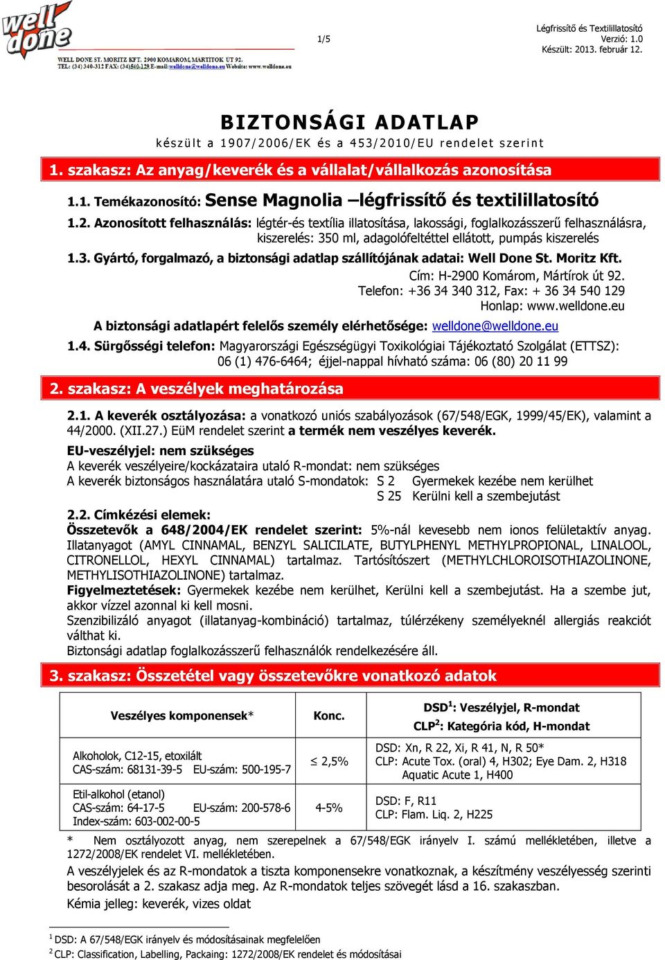 Azonosított felhasználás: légtér-és textília illatosítása, lakossági, foglalkozásszerű felhasználásra, kiszerelés: 350 ml, adagolófeltéttel ellátott, pumpás kiszerelés 1.3. Gyártó, forgalmazó, a biztonsági adatlap szállítójának adatai: Well Done St.