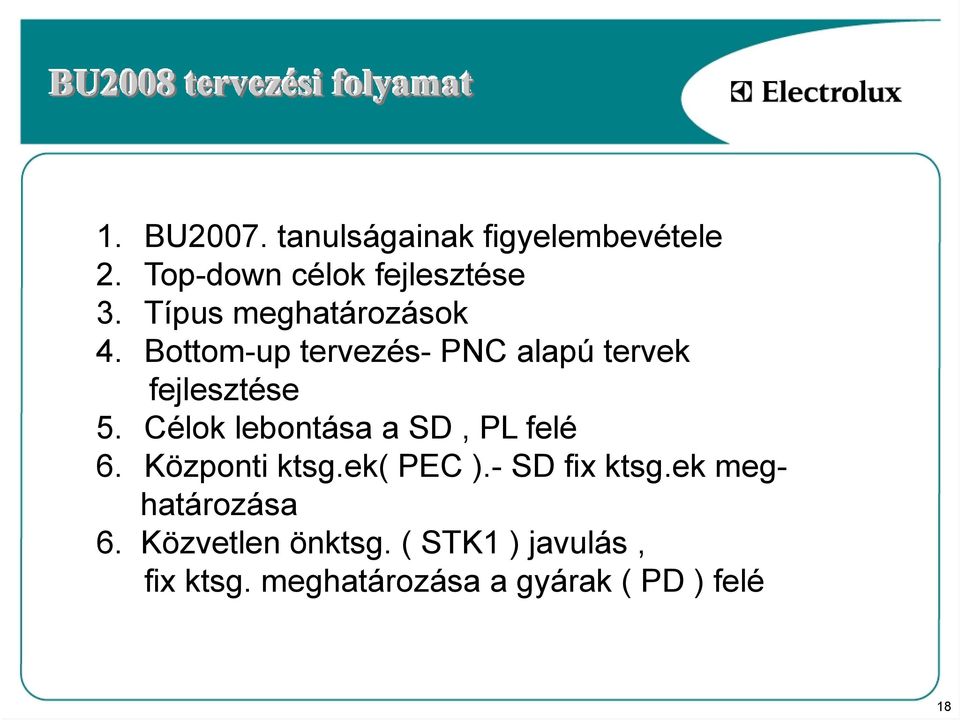 Bottom-up tervezés- PNC alapú tervek fejlesztése 5. Célok lebontása a SD, PL felé 6.