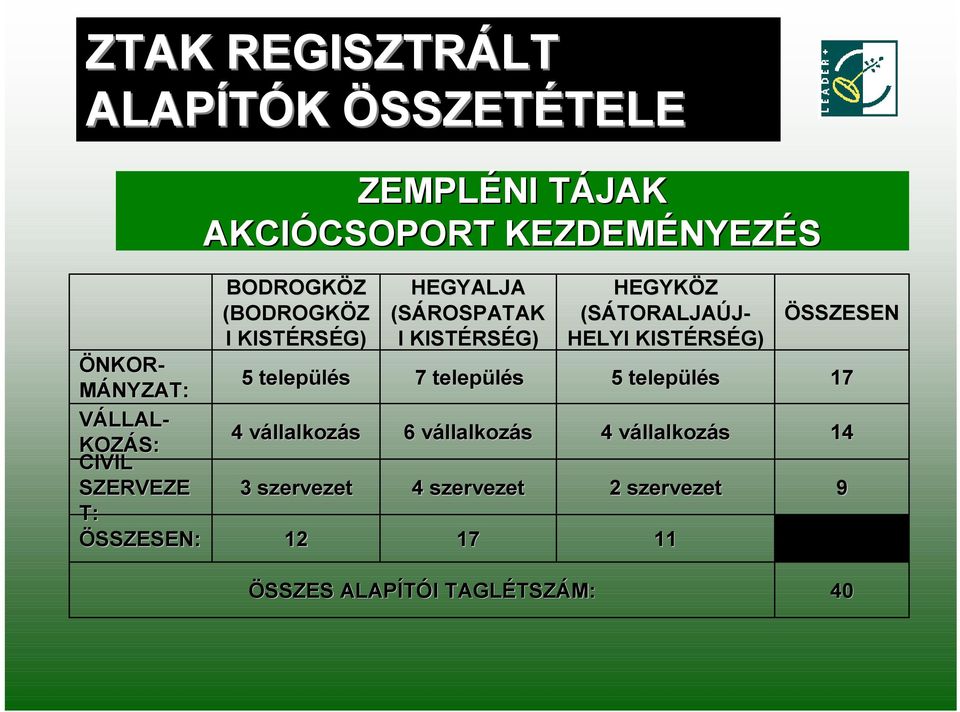 KISTÉRSÉG) 5 település 4 vállalkozás 3 szervezet 12 HEGYALJA (SÁROSPATAK I KISTÉRSÉG) 7 település 6