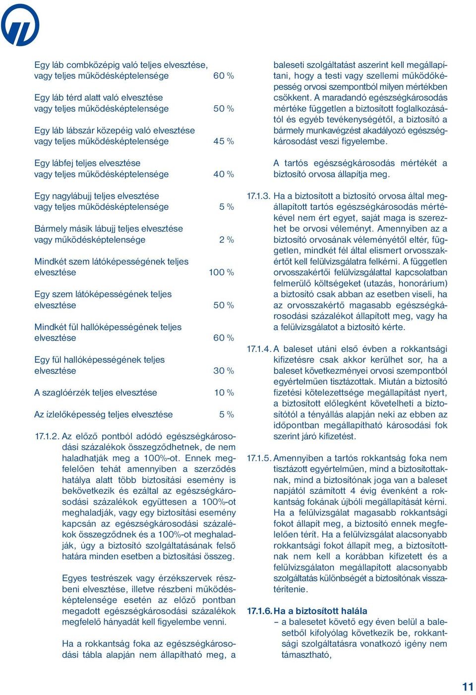 elvesztése vagy működésképtelensége 2 % Mindkét szem látóképességének teljes elvesztése 100 % Egy szem látóképességének teljes elvesztése 50 % Mindkét fül hallóképességének teljes elvesztése 60 % Egy