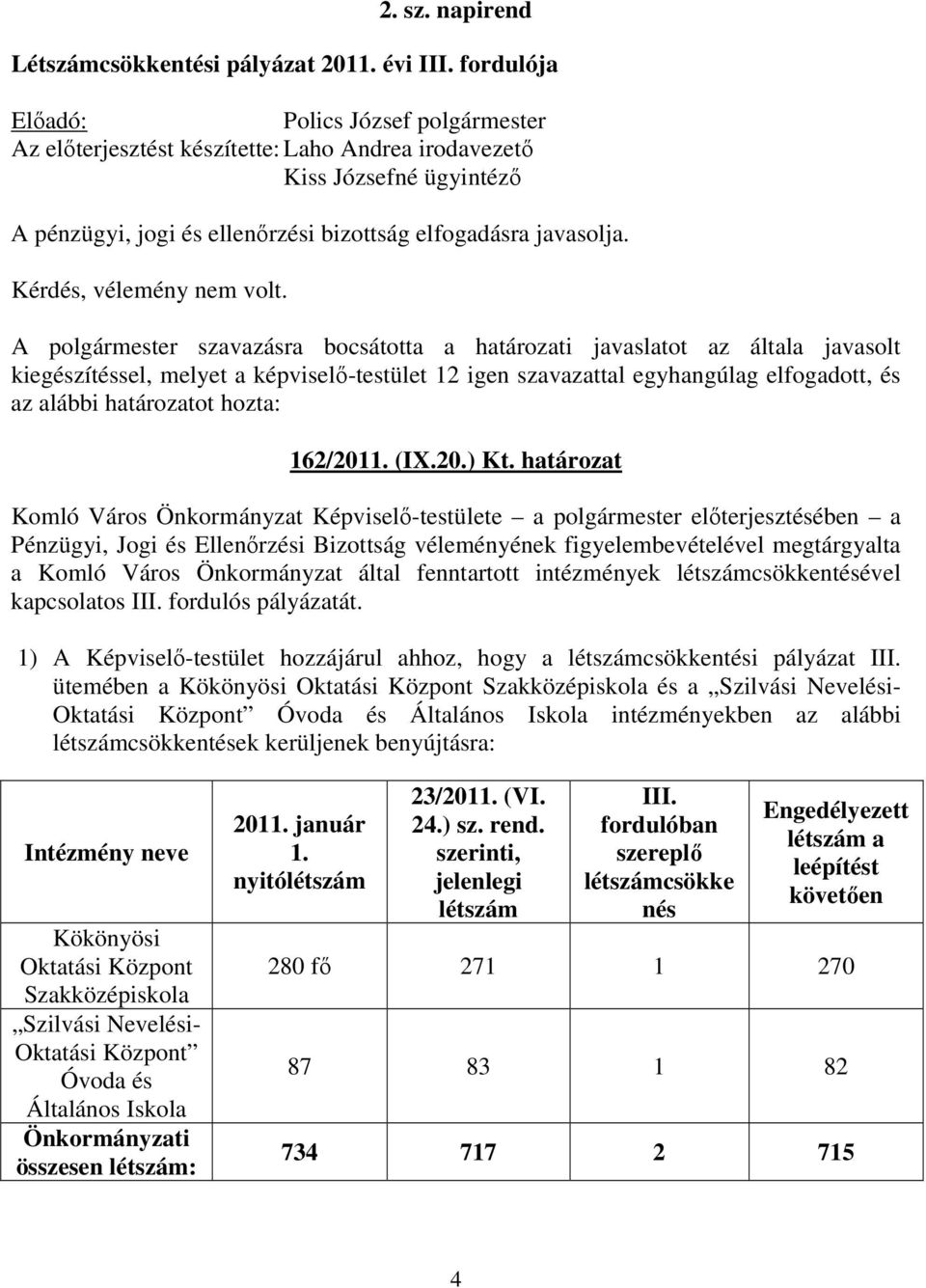 A polgármester szavazásra bocsátotta a határozati javaslatot az általa javasolt kiegészítéssel, melyet a képviselı-testület 12 igen szavazattal egyhangúlag elfogadott, és az alábbi határozatot hozta: