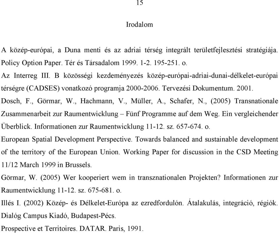 , Schafer, N., (2005) Transnationale Zusammenarbeit zur Raumentwicklung Fünf Programme auf dem Weg. Ein vergleichender Überblick. Informationen zur Raumentwicklung 11-12. sz. 657-674. o.