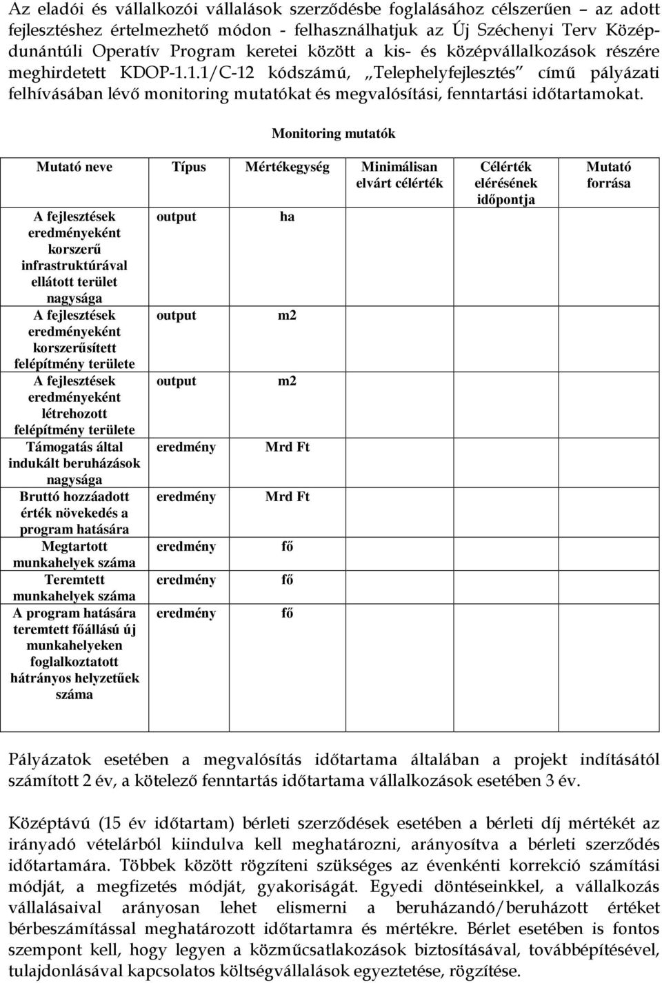 Monitoring mutatók Mutató neve Típus Mértékegység Minimálisan elvárt célérték eként korszerű infrastruktúrával ellátott terület nagysága eként korszerűsített felépítmény területe eként létrehozott