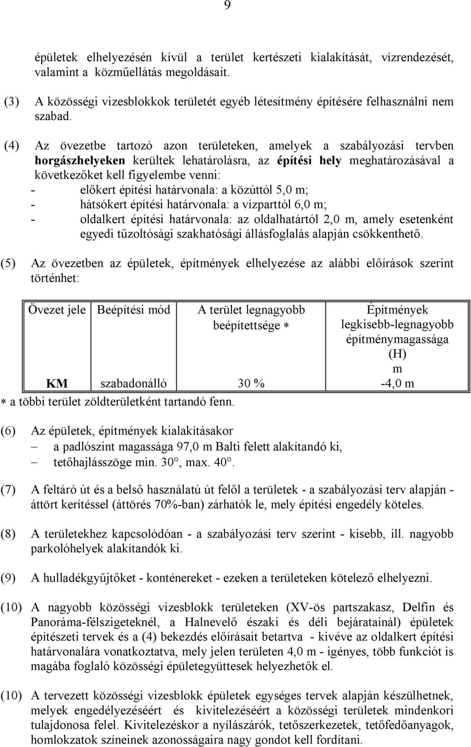 (4) Az övezetbe tartozó azon területeken, amelyek a szabályozási tervben horgászhelyeken kerültek lehatárolásra, az építési hely meghatározásával a következőket kell figyelembe venni: - előkert