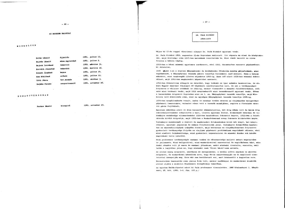 Július 12. Tóth János bet.munkás 1981. október 3. Zajkás Ferono osoportvezeto 1981. november 26. DUNAÚJVÁROSBAN Farkas Sándor kisegítő 1981. november 23- Dr. Falk Richárd 1899.