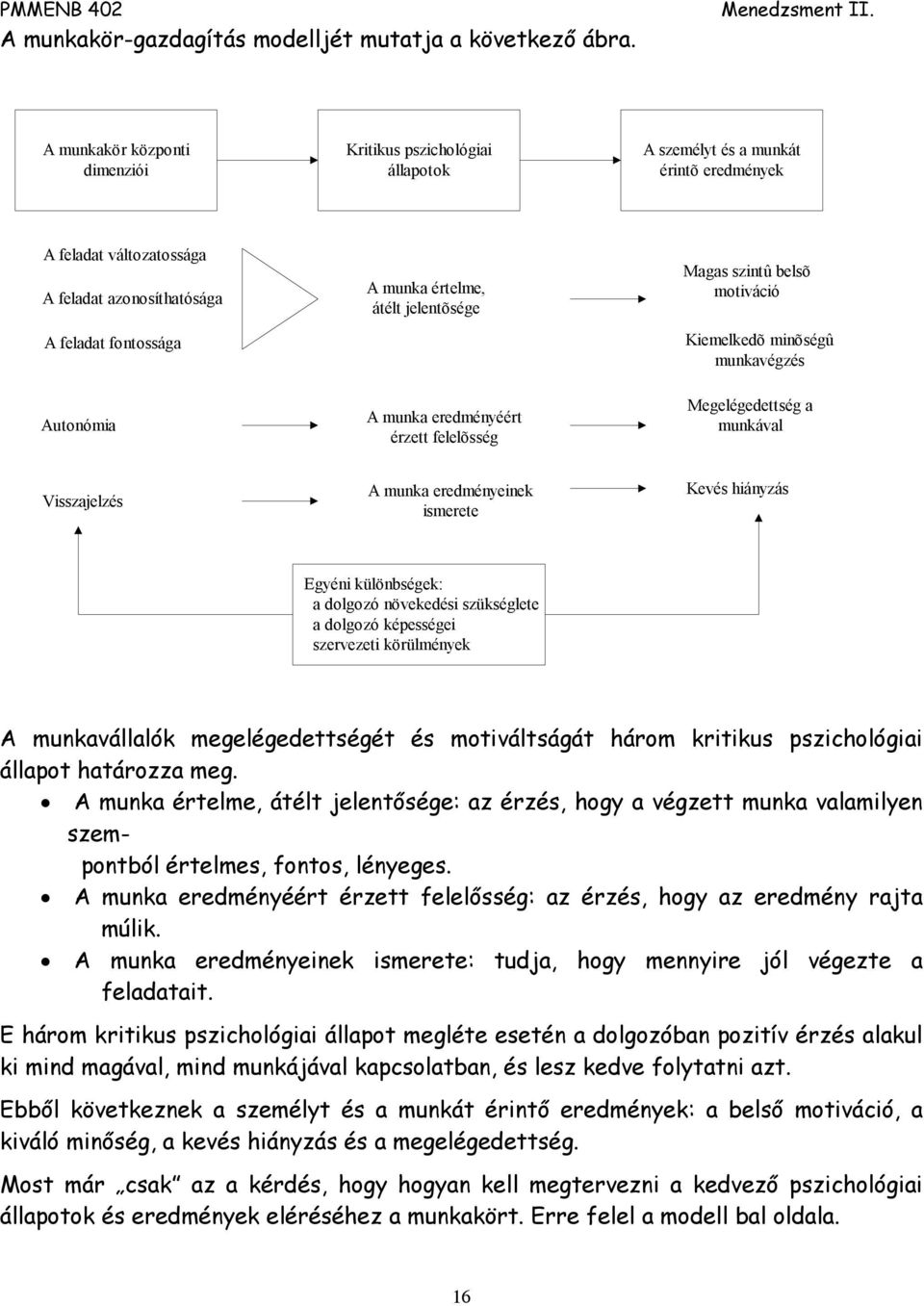 értelme, átélt jelentõsége A munka eredményéért érzett felelõsség Magas szintû belsõ motiváció Kiemelkedõ minõségû munkavégzés Megelégedettség a munkával Visszajelzés A munka eredményeinek ismerete