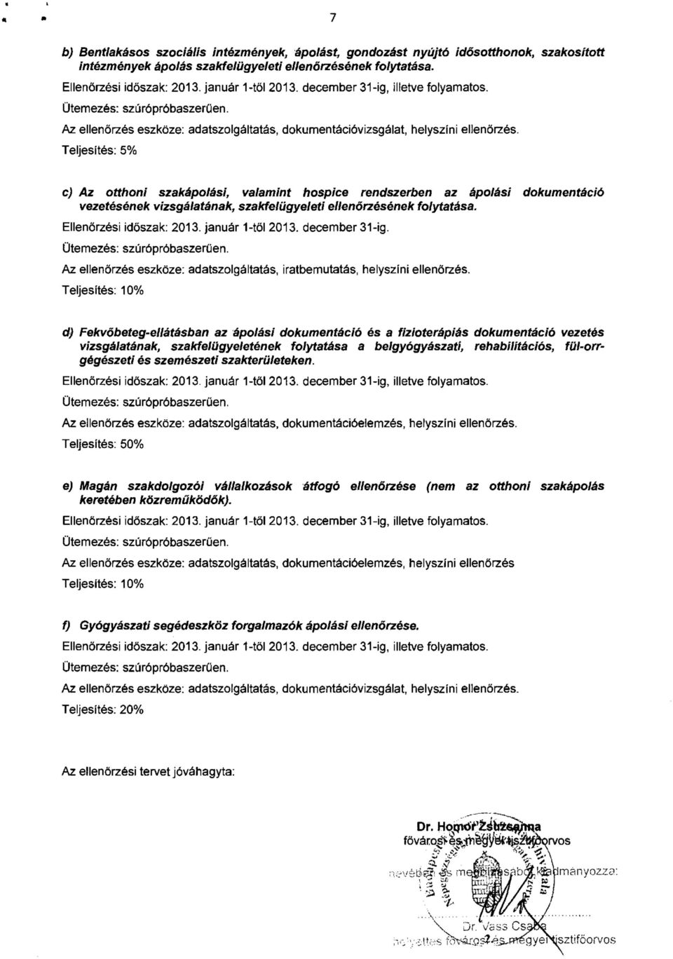 Teljesítés: 5% c) Az otthoni szakápolási, valamint hospice rendszerben az ápolási dokumentáció vezetésének vizsgálatának, szakfelügyeleti ellenőrzésének folytatása. Ellenőrzési időszak: 2013.