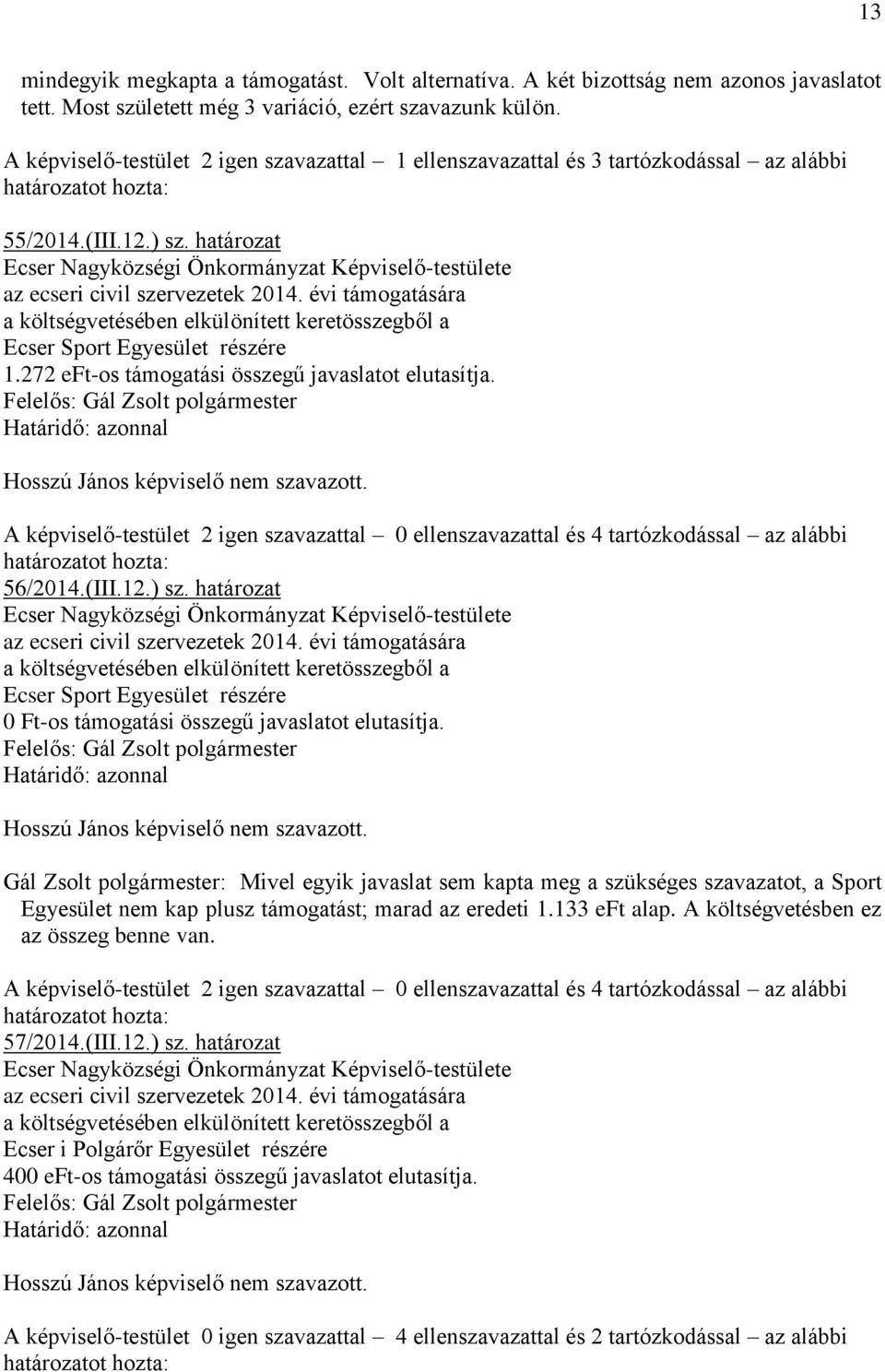 272 eft-os támogatási összegű javaslatot elutasítja. Hosszú János képviselő nem szavazott. A képviselő-testület 2 igen szavazattal 0 ellenszavazattal és 4 tartózkodással az alábbi 56/2014.(III.12.