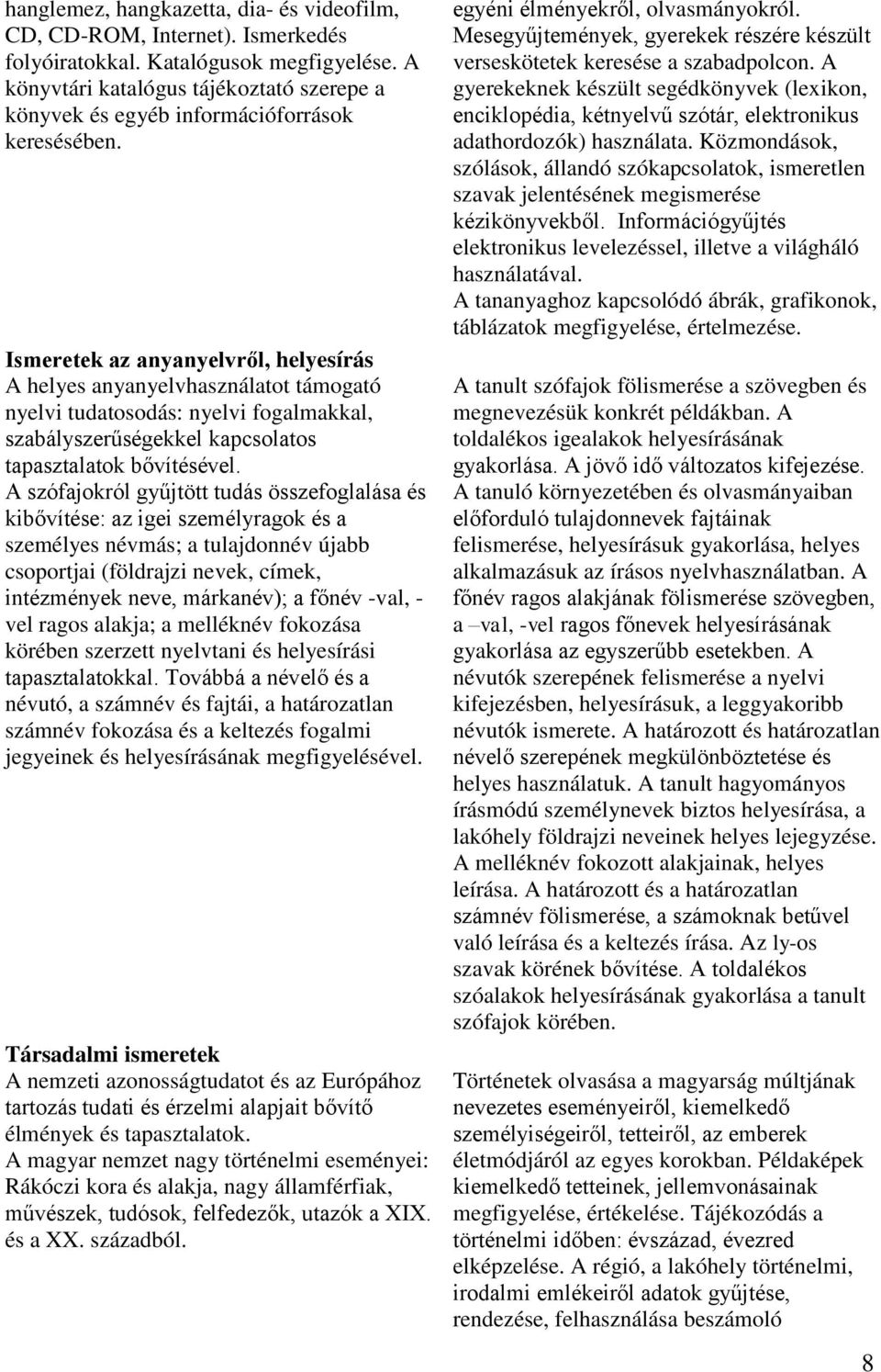 Ismeretek az anyanyelvről, helyesírás A helyes anyanyelvhasználatot támogató nyelvi tudatosodás: nyelvi fogalmakkal, szabályszerűségekkel kapcsolatos tapasztalatok bővítésével.