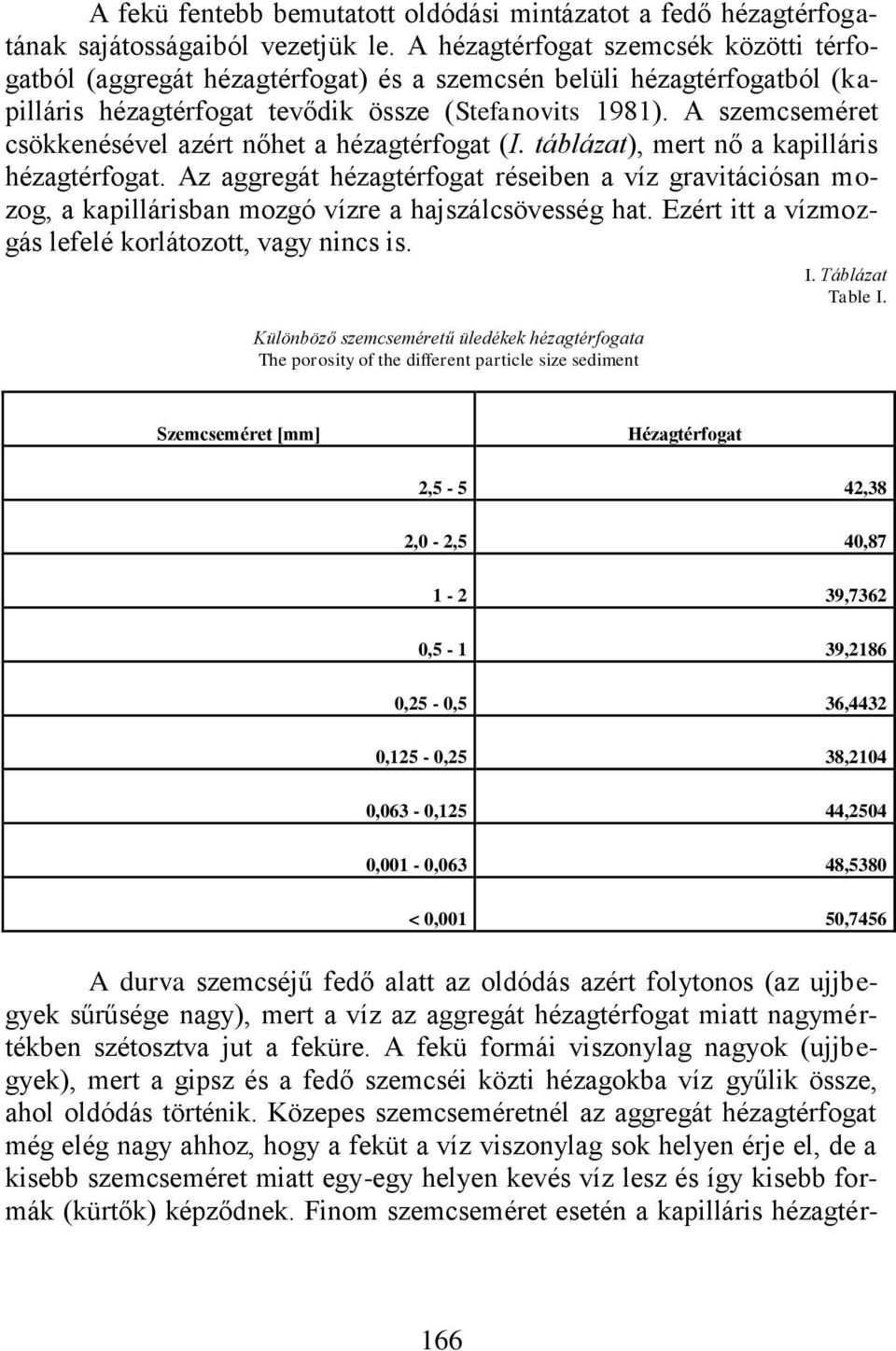 A szemcseméret csökkenésével azért nőhet a hézagtérfogat (I. táblázat), mert nő a kapilláris hézagtérfogat.