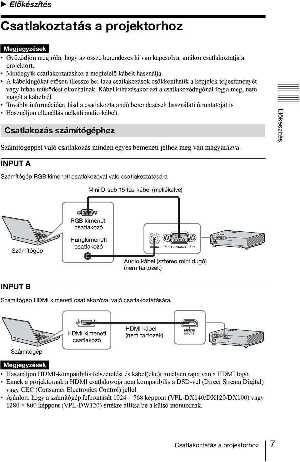 Kábel kihúzásakor azt a csatlakozódugónál fogja meg, nem magát a kábelnél. További információért lásd a csatlakoztatandó berendezések használati útmutatóját is.