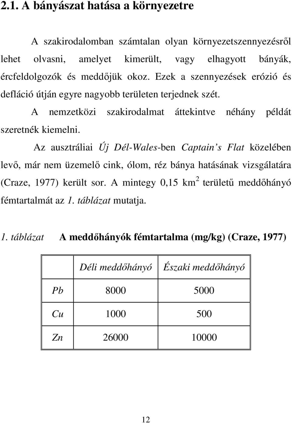 Az ausztráliai Új Dél-Wales-ben Captain s Flat közelében levı, már nem üzemelı cink, ólom, réz bánya hatásának vizsgálatára (Craze, 1977) került sor.