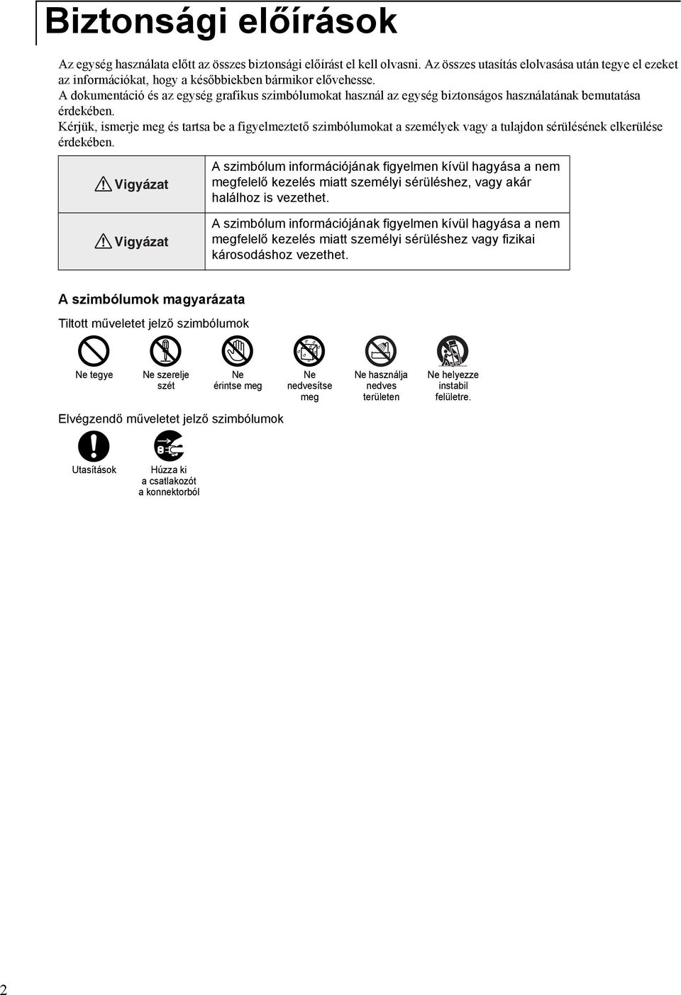 A dokumentáció és az egység grafikus szimbólumokat használ az egység biztonságos használatának bemutatása érdekében.