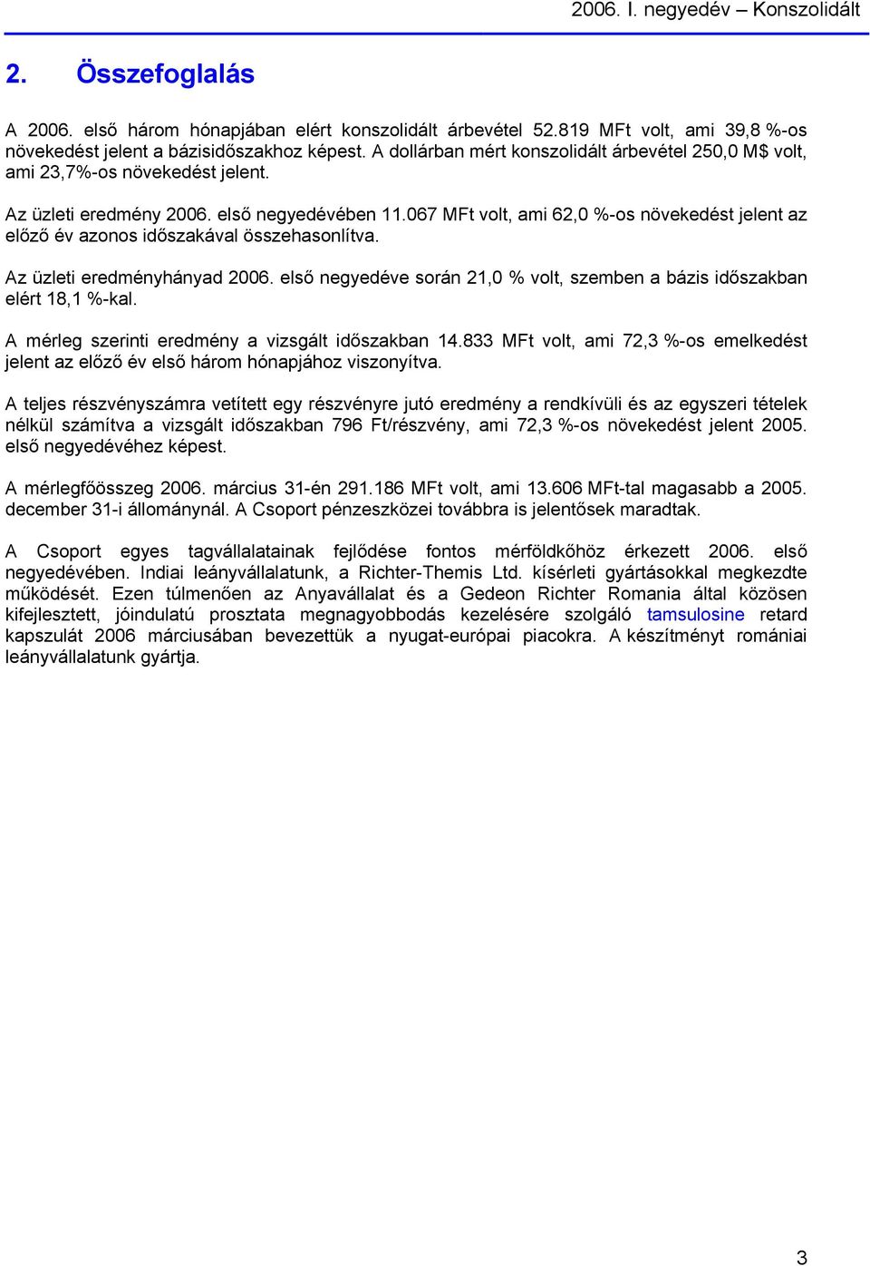 067 MFt volt, ami 62,0 %-os növekedést jelent az előző év azonos időszakával összehasonlítva. Az üzleti eredményhányad 2006.