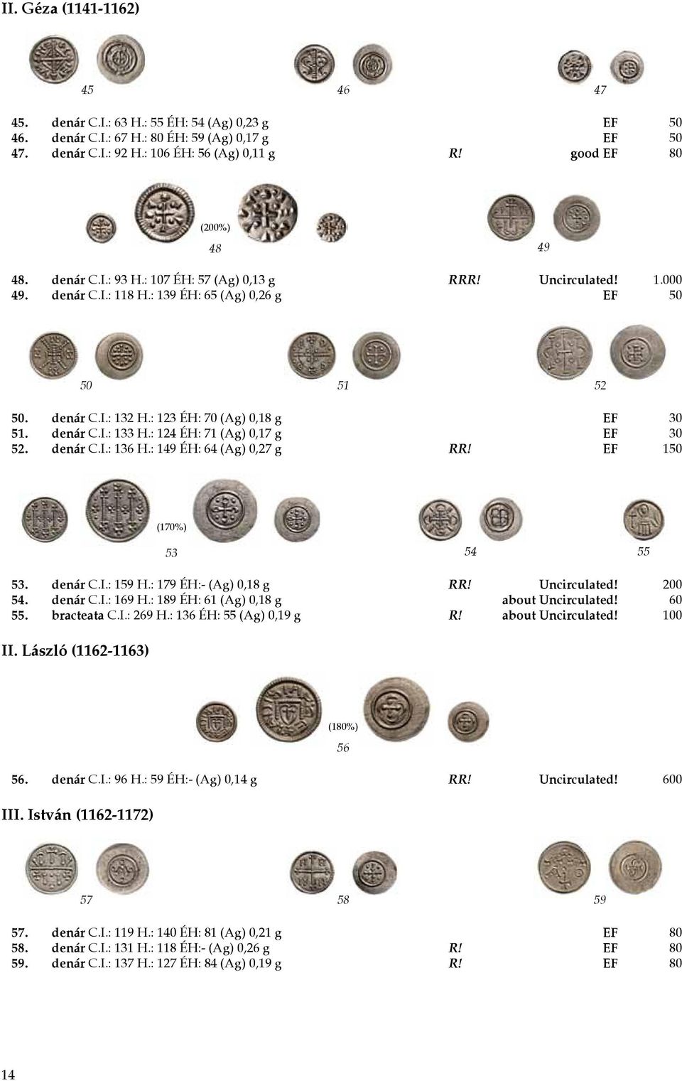 : 123 ÉH: 70 (Ag) 0,18 g EF 30 51. denár C.I.: 133 H.: 124 ÉH: 71 (Ag) 0,17 g EF 30 52. denár C.I.: 136 H.: 149 ÉH: 64 (Ag) 0,27 g RR! EF 150 53 54 55 53. denár C.I.: 159 H.: 179 ÉH:- (Ag) 0,18 g RR!