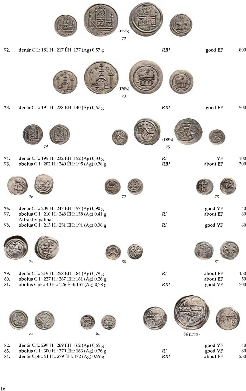 : 248 ÉH: 158 (Ag) 0,41 g R! about EF 80 Attraktív patina! 78. obolus C.I.: 213 H.: 251 ÉH: 191 (Ag) 0,36 g R! good VF 60 79 80 81 79. denár C.I.: 219 H.: 258 ÉH: 184 (Ag) 0,79 g R! about EF 150 80.