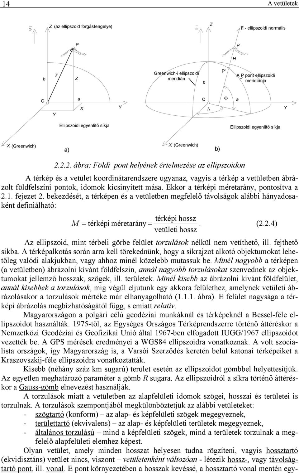 2.2. ábra: Földi pont helyének értelmezése az ellipszoidon A térkép és a vetület koordinátarendszere ugyanaz, vagyis a térkép a vetületben ábrázolt földfelszíni pontok, idomok kicsinyített mása.