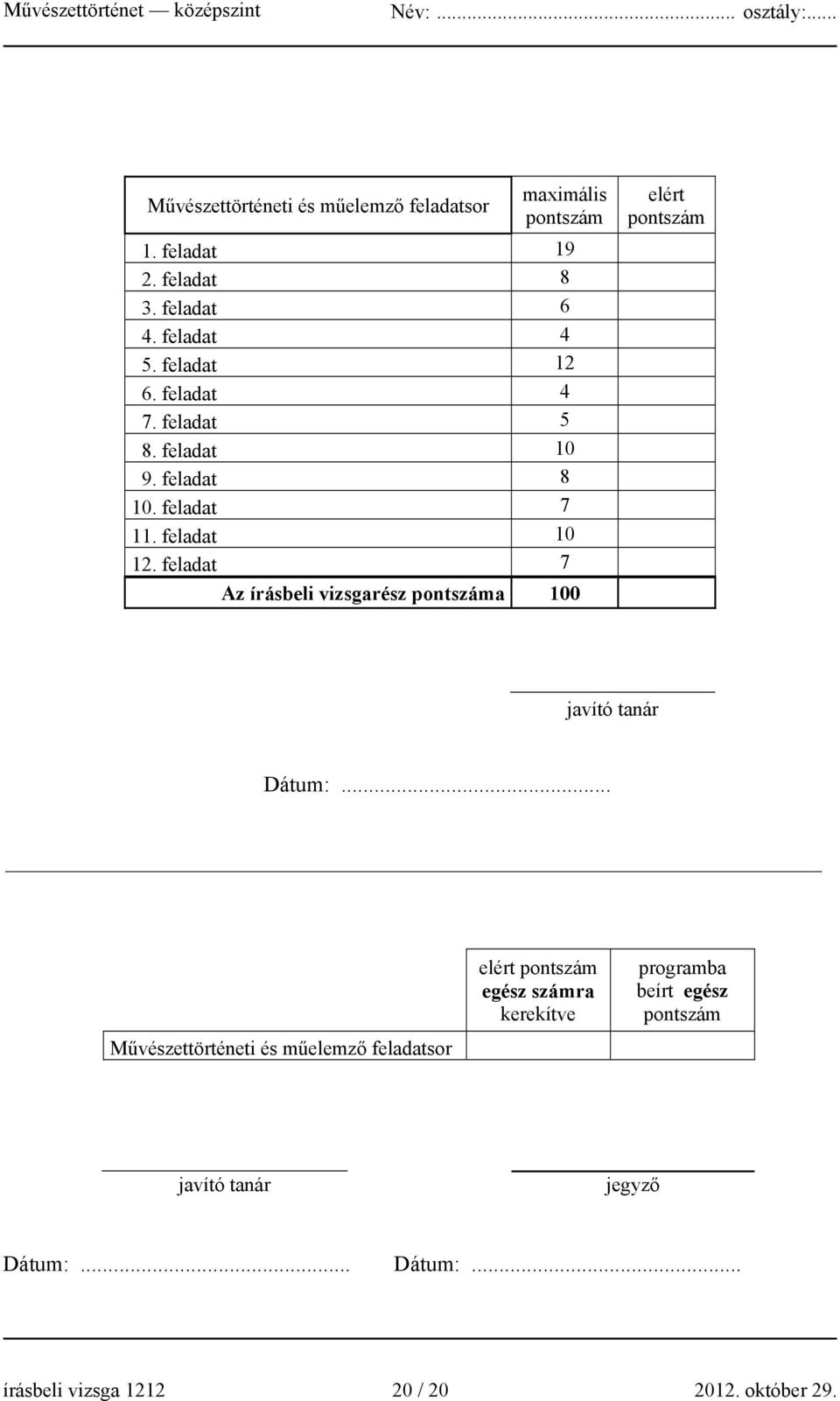 feladat 7 Az írásbeli vizsgarész pontszáma 100 elért pontszám javító tanár Dátum:.