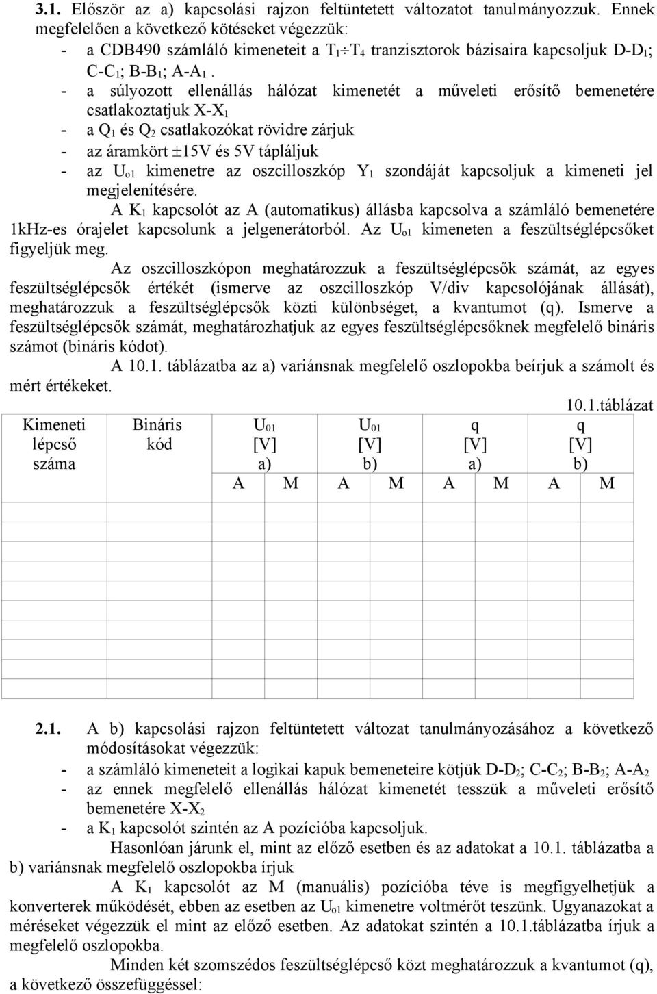 - a súlyozott ellenállás hálózat imenetét a műveleti erősítő bemenetére csatlaoztatju X-X 1 - a Q 1 és Q 2 csatlaozóat rövidre zárju - az áramört 15V és 5V táplálju - az o1 imenetre az oszcilloszóp Y