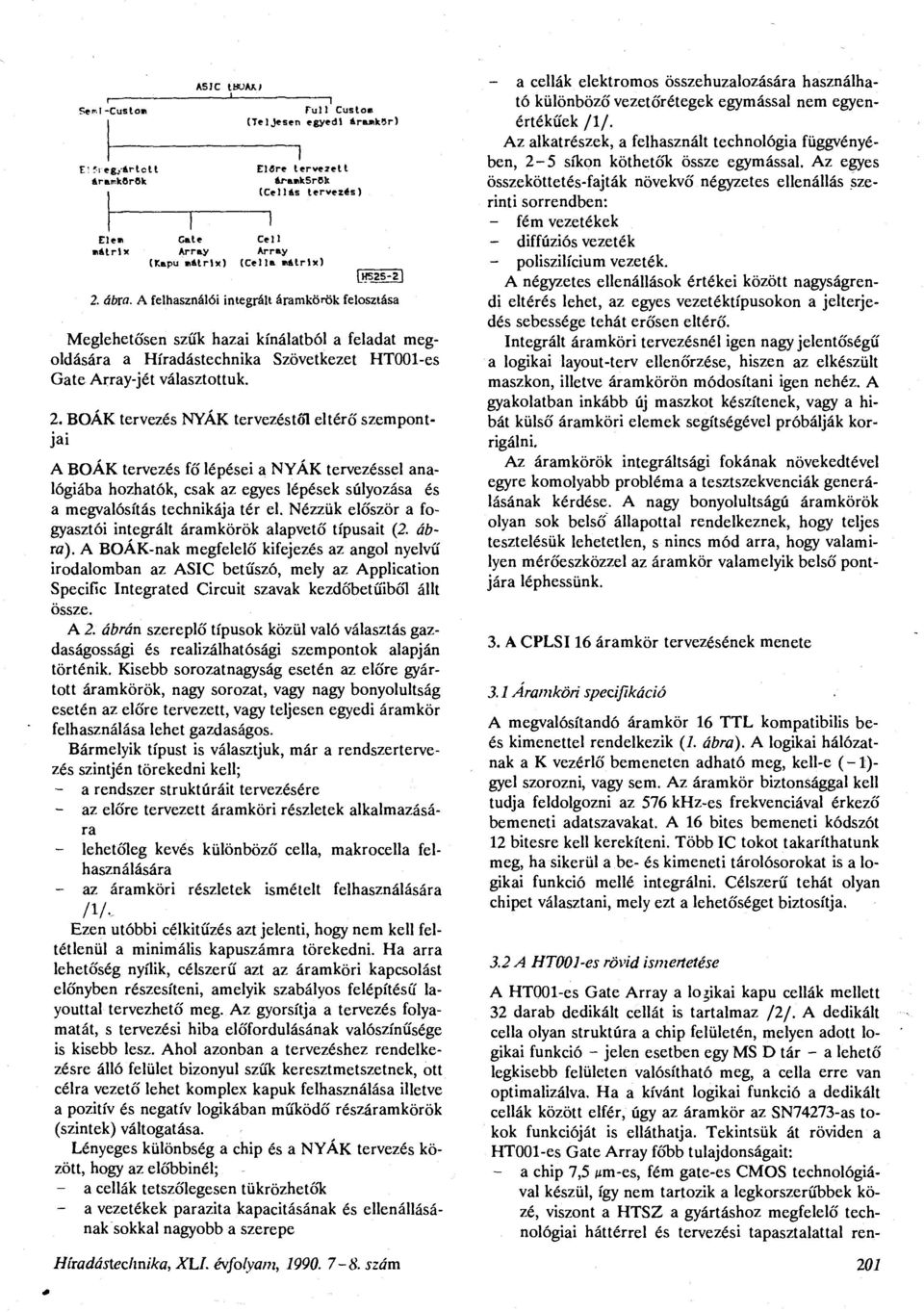 ábra. A felhasználói integrált áramkörök felosztása Meglehetősen szűk hazai kínálatból a feladat megoldására a Híradástechnika Szövetkezet HTOOl-es Gate Array-jét választottuk. 2.