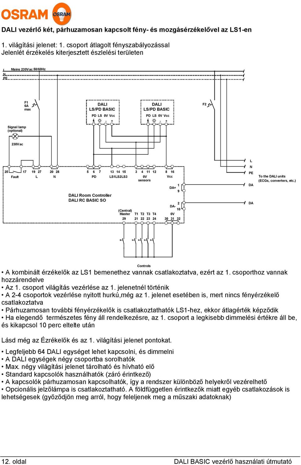 Signal lamp (optional) 230V ac L 25 17 19 27 20 28 5 6 7 Fault L N PD DALI Room Controller DALI RC BASIC SO 13 14 15 LS1LS2LS3 3 4 11 12 0V sensors (Central) Master T1 T2 T3 T4 29 21 22 23 24 8 16